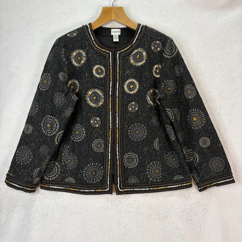 Chico's Black Metallic Sequin Medallion Embroidered Jacket Womens XL‎ Old Money